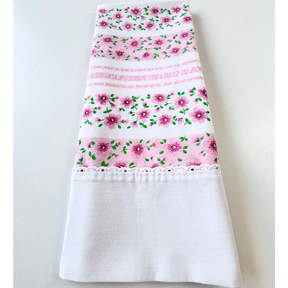 Vintage 70s pillowcase, pink cabbage roses, floral striped, single casing - Picture 1 of 6
